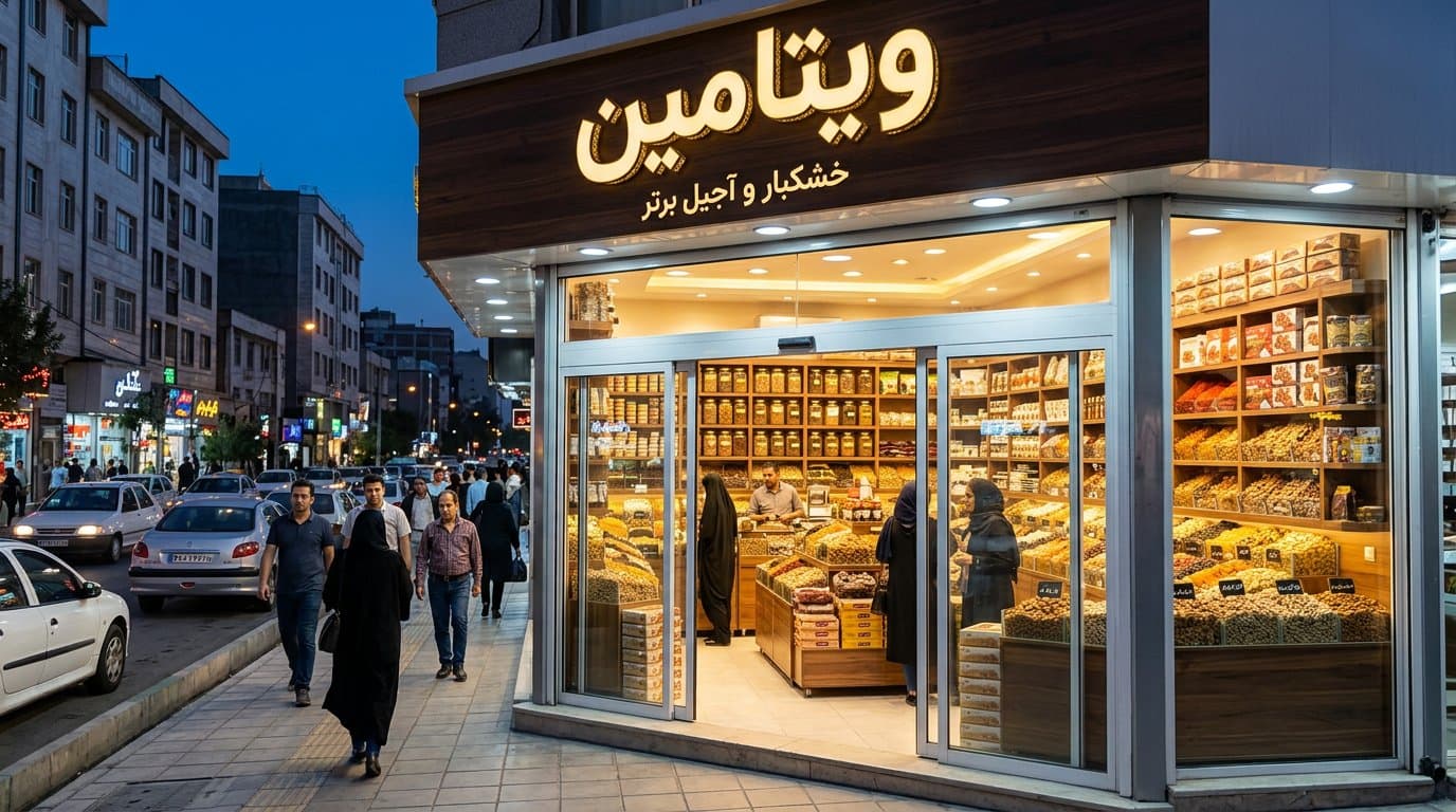 تابلوی ویتامین و ویترین شیشه‌ای فروشگاه آجیل در خیابان شهر